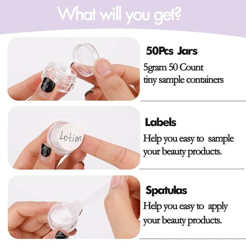 5 Gram Sample Containers with Lids, 50 Count 5ML Clear Sample Jars, Empty Lip Balm Containers with Lids, Small Makeup Travel Containers for Glitter, Lotion, Cream, Beads, with Labels, Mini Spatulas