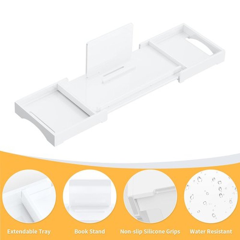 Bathtub Tray Caddy Table for Tub - Rulyyo Tub Tray Bath Caddy Tray for Bathtub, White 18-32.5 Inch Expandable Over The Tub Bath Tray for Bathtub, Waterproof Bathtub Caddy Tray for Luxury Bath
