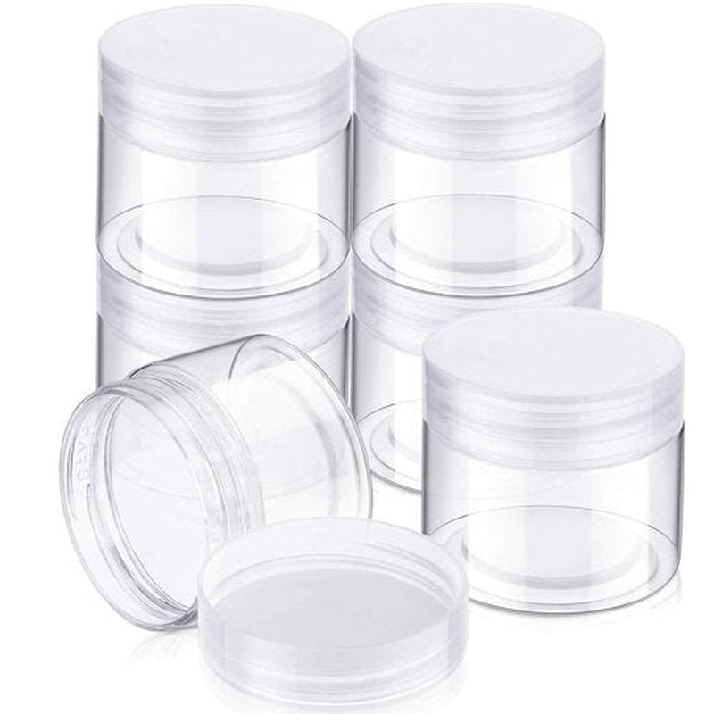 6 Pack Clear Container with Lids Small Plastic Pot Jars Wide Mouth Round Leak Proof Plastic Container Jars with Lid for Travel Storage, Eye Shadow, Nails, Paint, Jewelry (2 oz, Clear)