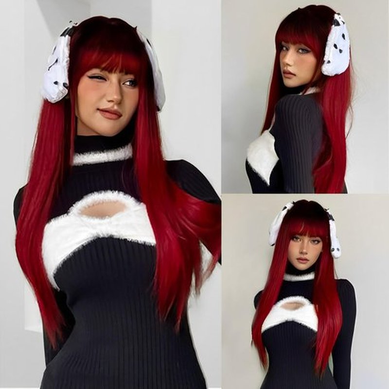 ENTRANCED STYLES Red Wig for Women Ombre Red Long Straight Wig with Bangs Synthetic Cosplay Wigs for Hallween Chrismas Daily Party Used 22Inch