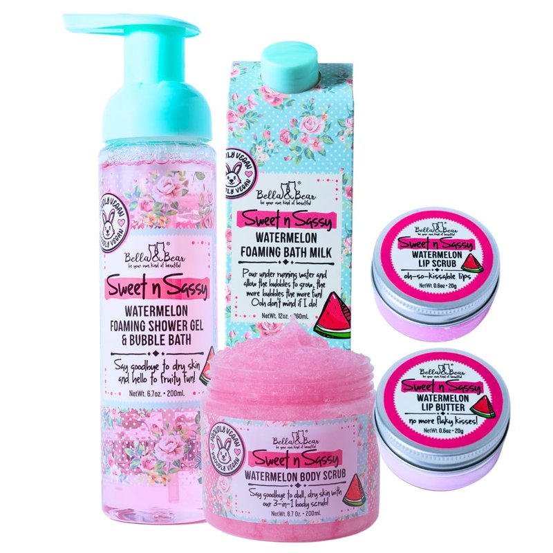 Sweet 'n' Sassy Watermelon Bath & Body Gift Set - Foaming Shower Gel, Bubble Bath, Scrubs & Lip Butter | Perfect Gifts for Women