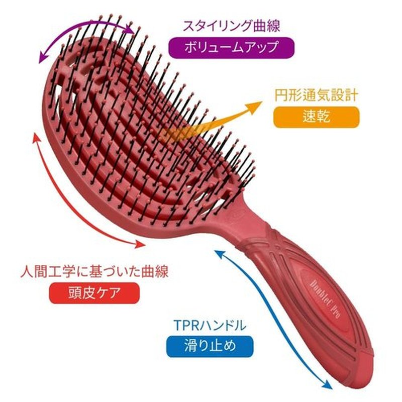 NuWay 4HAIR® DoubleC PRO® U.S. Patented Double Curved Detangling Brush is Hair Dryer Safe (Red)
