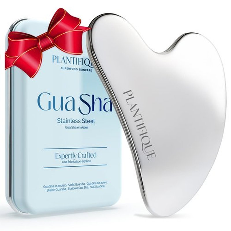 PLANTIFIQUE Stainless Steel Gua Sha Facial Tool, Skin Massage Tool for Face, Body, Eyes, Neck, Heart Style with Travel Pouch, Skin Care Gift