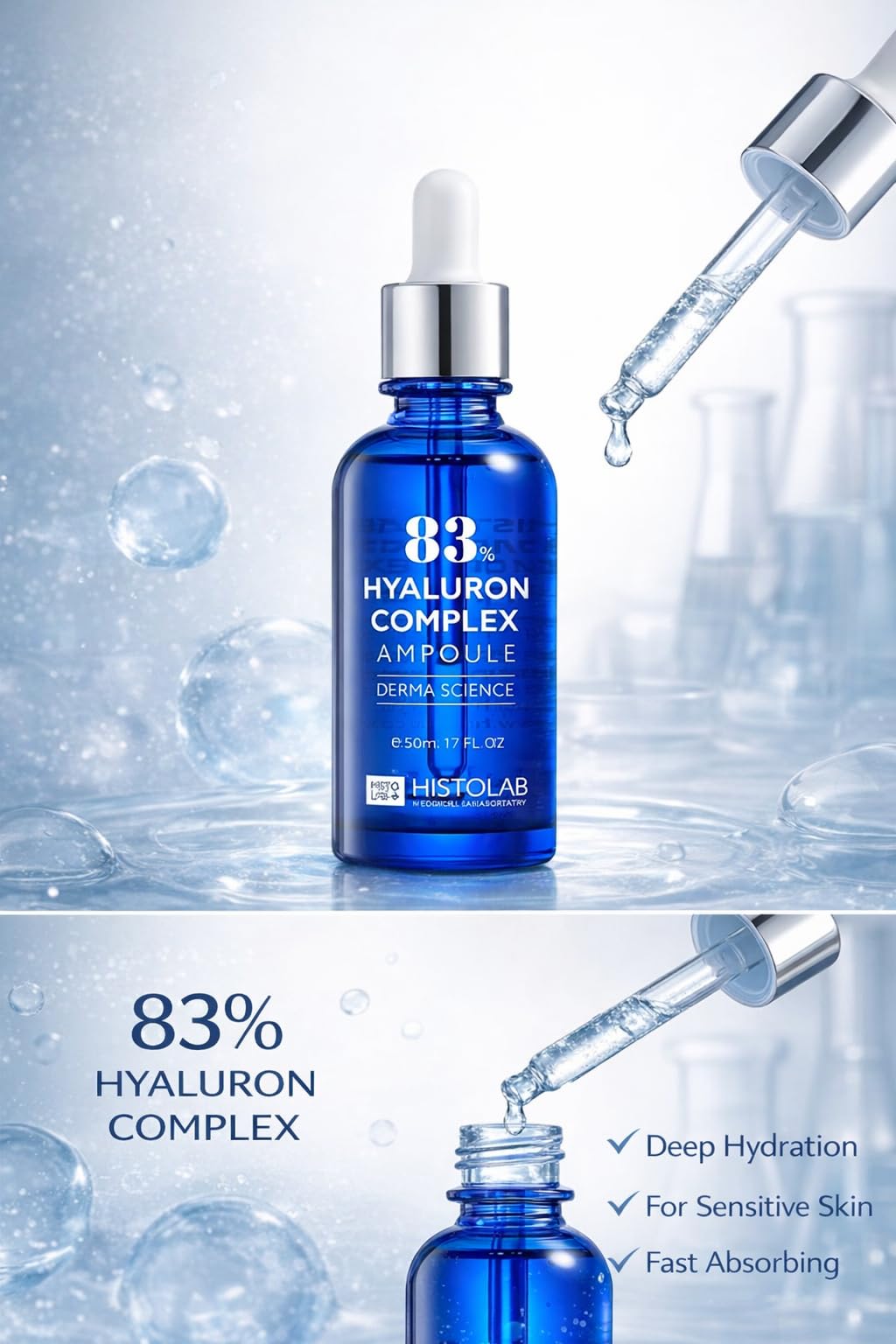 HISTOLAB 83% Hyaluron Complex Ampoule – Upgraded Formula with Hyaluronic Acid Complex – Deep Hydration, Barrier Support, Elasticity & Moisture for Dry & Sensitive Skin (50ml / 150ml)