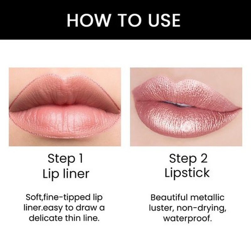 2 in 1 Rose Nude Matte Lip Liner & Lipstick Combination, DNM Metallic Dual Ended Lipstick, Lip Liner, Lip Gloss, 24 Hour all Day Long-Lasting Waterproof Lipliners Pen for Women Lip Makeup Gift Set 17#