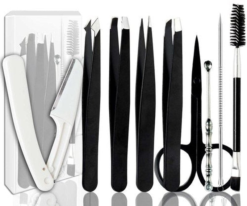 [9+1 PCS] Tweezer Kit, Tweezers for Women Facial Hair, Professional Tweezers Set, Eyebrow Tweezers, Professional Stainless Steel Eyebrow Tweezers for Women &Men (Black)