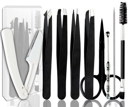 [9+1 PCS] Tweezer Kit, Tweezers for Women Facial Hair, Professional Tweezers Set, Eyebrow Tweezers, Professional Stainless Steel Eyebrow Tweezers for Women &Men (Black)