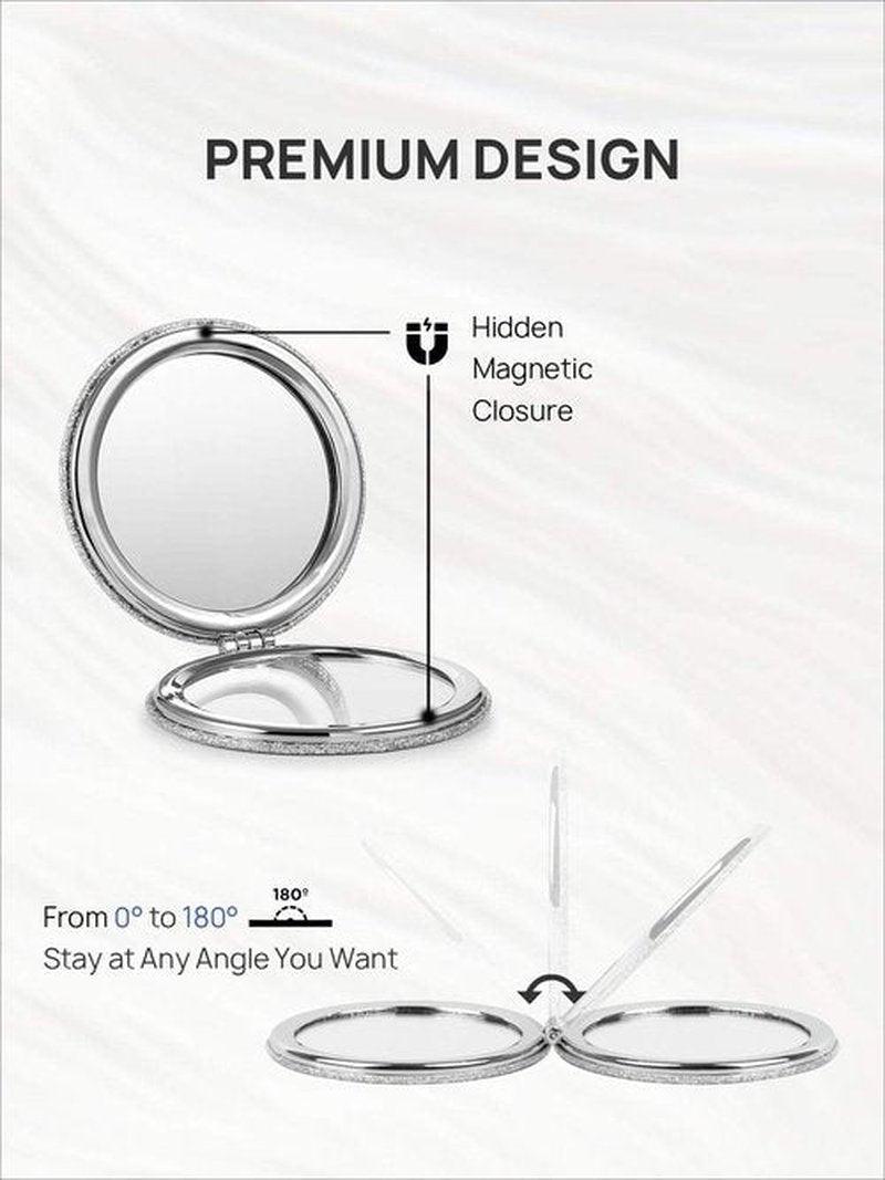 OMIRO 1X/10X(300R) Magnifying Compact Mirror with PU Leather, Ultra-Portable for Purses and Travel, Round Silver