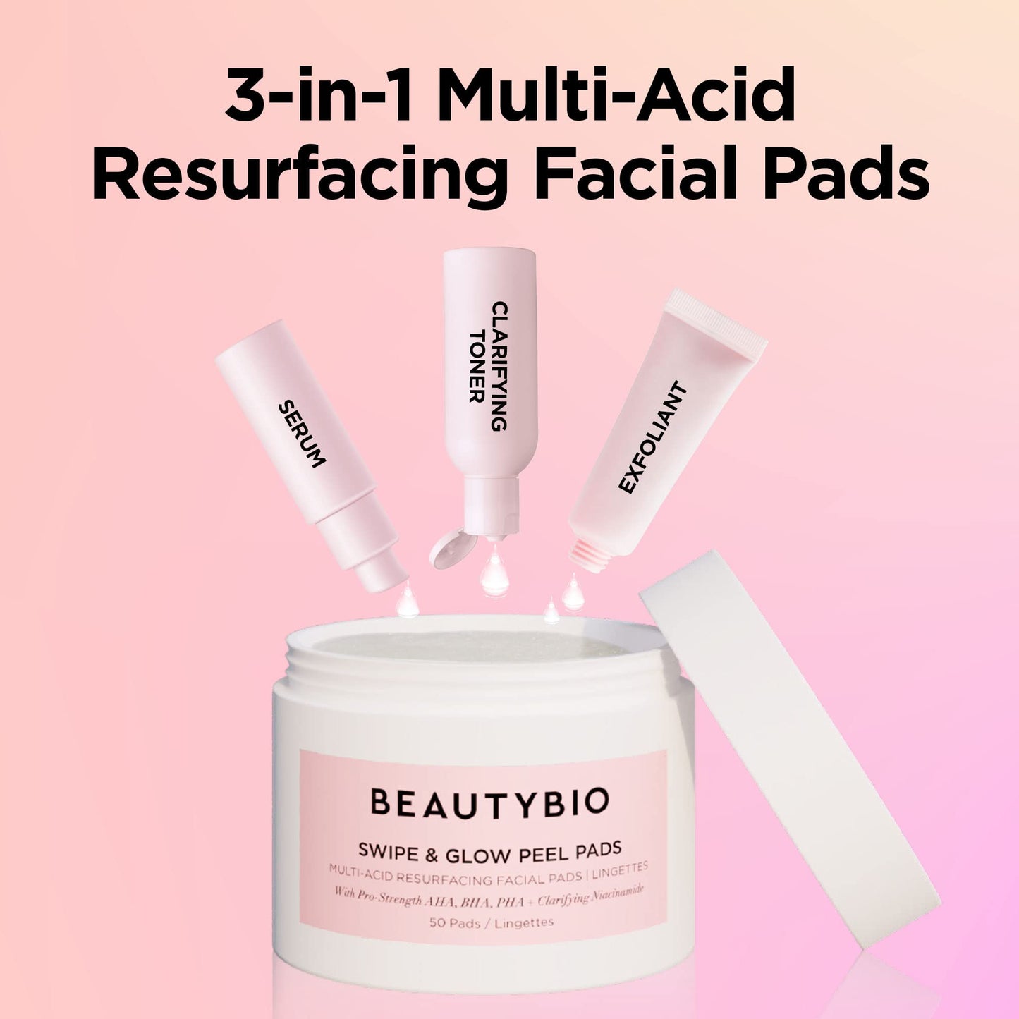 BeautyBio Swipe & Glow Peel Pads, Clarifying & Resurfacing Multi-Acid Facial Pads (50 Number)