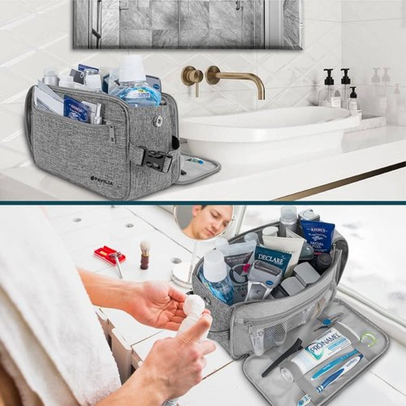 PAVILIA Toiletry Bag for Men, Travel Essentials Shaving Dopp Kit, Mens Travel Bag Toiletries Organizer Case for Grooming, PU Leather Water Resistant Cosmetic Bag Pouch (XL, Heather Grey)