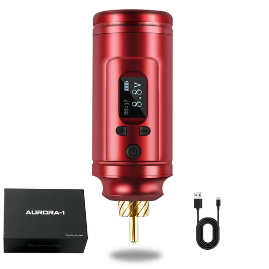 Dragoart Aurora-1 1500mAh Tattoo Battery for Wireless Tattoo Gun 4V-12V, OLED Screen Timer Display Screen Mirroring, Lightweight Tattoo Power Supply for Wireless Tattoo Gun Tattoo Machine, RCA Red
