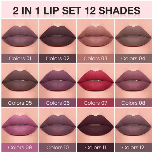 JUAAZIN 2pcs Pale Carmine Matte Lip Liner and Lipstick Makeup Set, Vegan Lipstick Lip Liner and Gloss Set Lip Stain Long Lasting Waterproof Smudge-Proof Properties Non-stick Cup(Pale Carmine 08#)