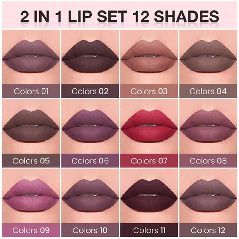JUAAZIN 2pcs Light Maroon Matte Lip Liner and Lipstick Makeup Set, Vegan Lipstick Lip Liner and Gloss Set Lip Stain Long Lasting Waterproof Smudge-Proof Properties Non-stick Cup(Light Maroon 01#)