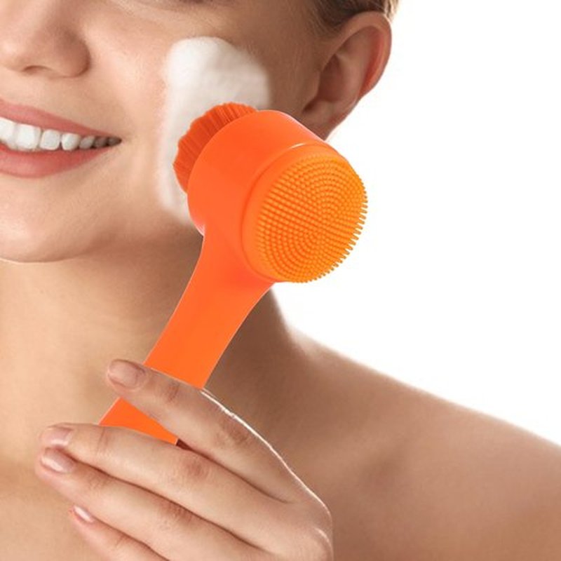 Beomeen Face Brush 2 in 1, Silicone Facial Cleansing Exfoliating Brush Soft Bristles Pore Deep Cleansing Manual Dual Face Wash Scrub Brush for Massaging, Makeup Skincare Removal, Fluorescent Orange