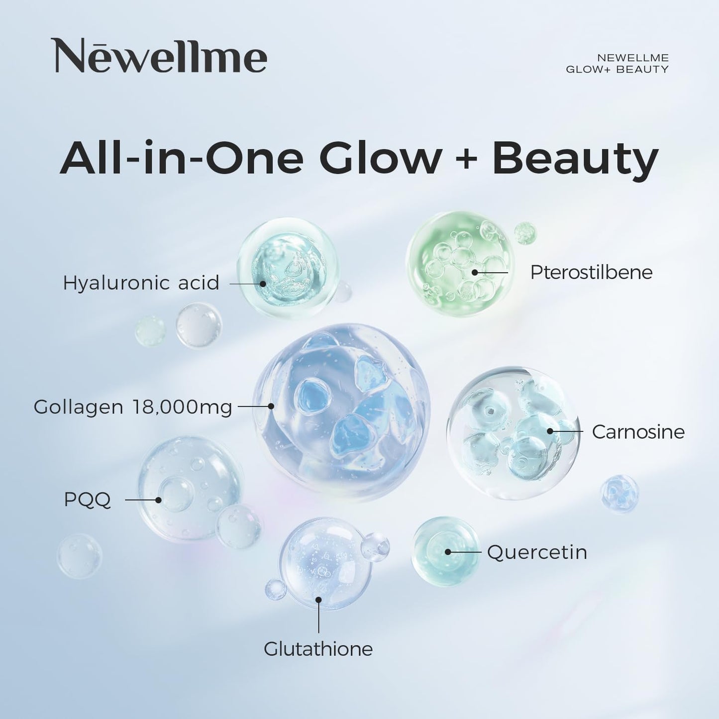 NEWELLME Liquid Collagen Drink for Women, 18,000mg Multi Collagen Complex with Hyaluronic Acid & Antioxidants, Beauty Supplement for Skin Hydration, Hair & Nails, Blue Raspberry, 14 Bottles