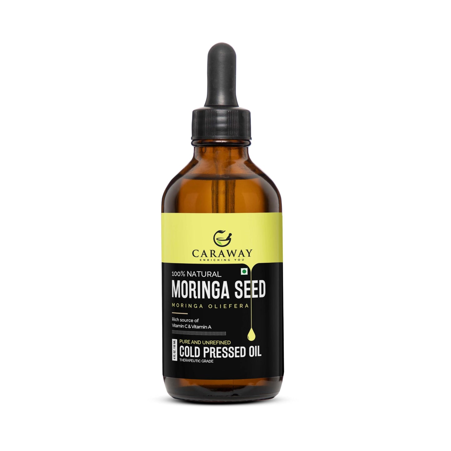 CARAWAY Organic 100% Pure Cold-Pressed Moringa Seed Oil - 4 fl oz | Unrefined Moringa Oil - Anti-Aging & Anti-Dandruff | Great for Hair, Skin and Face | Ideal Carrier Oil For Essential Oils Mixing