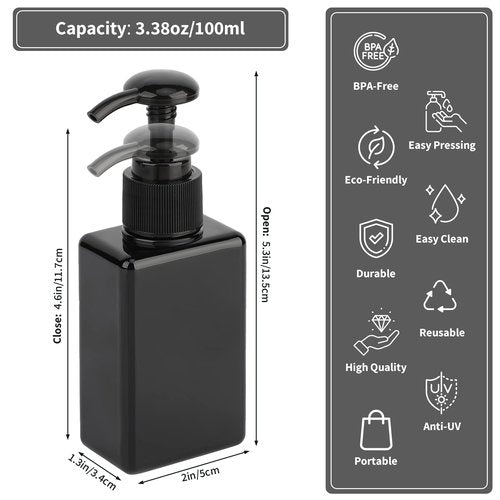 Segbeauty Black Plastic Square Shower Dispenser, 4pcs 3.4oz Empty Hand Soap Bottles with Label, 100ml Refillable Press Pump Portable Lotion Dispenser Liquid Container for Travel Bathroom Hotel Kitchen