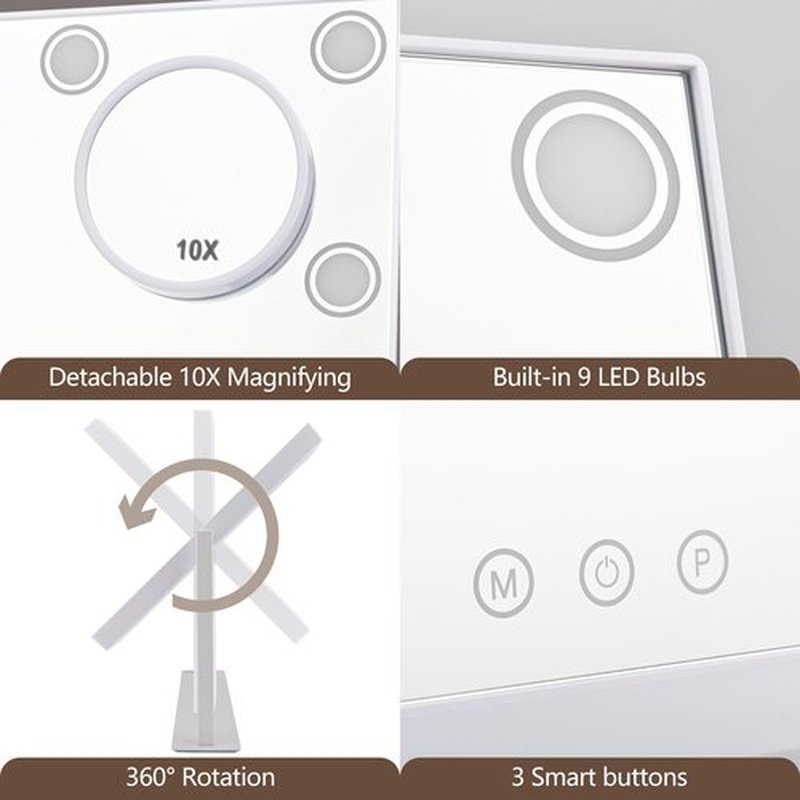 SLIMOON Lighted Makeup Mirror, 14"x 12" Hollywood Vanity Mirror with 9 LED Bulbs, 3 Color Lights, and Detachable 10X Magnification Mirror, 1200mAh Rechargeable, Touch Control, 360°Rotation (White)