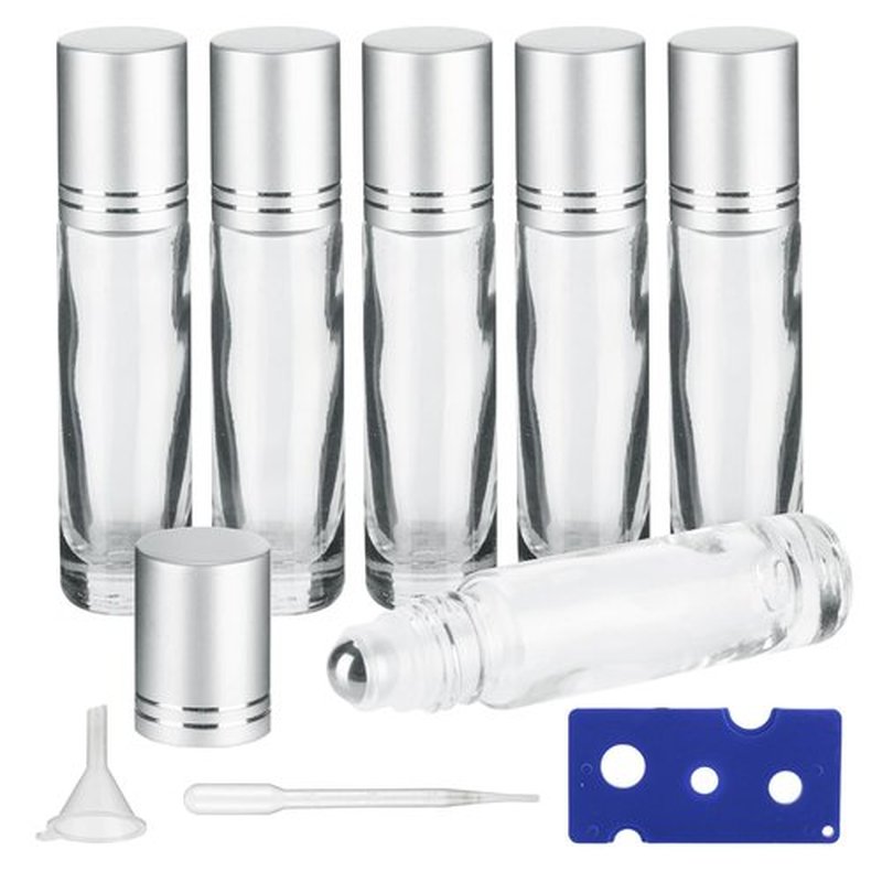 GIVITASOT 10ML Essential Oil Roller Bottles, 6 Pack Clear Oil Roller Bottles for Essential Oils, Roll on Bottles with Stainless Steel Balls(6 Labels, Opener, Funnel, Dropper Included)