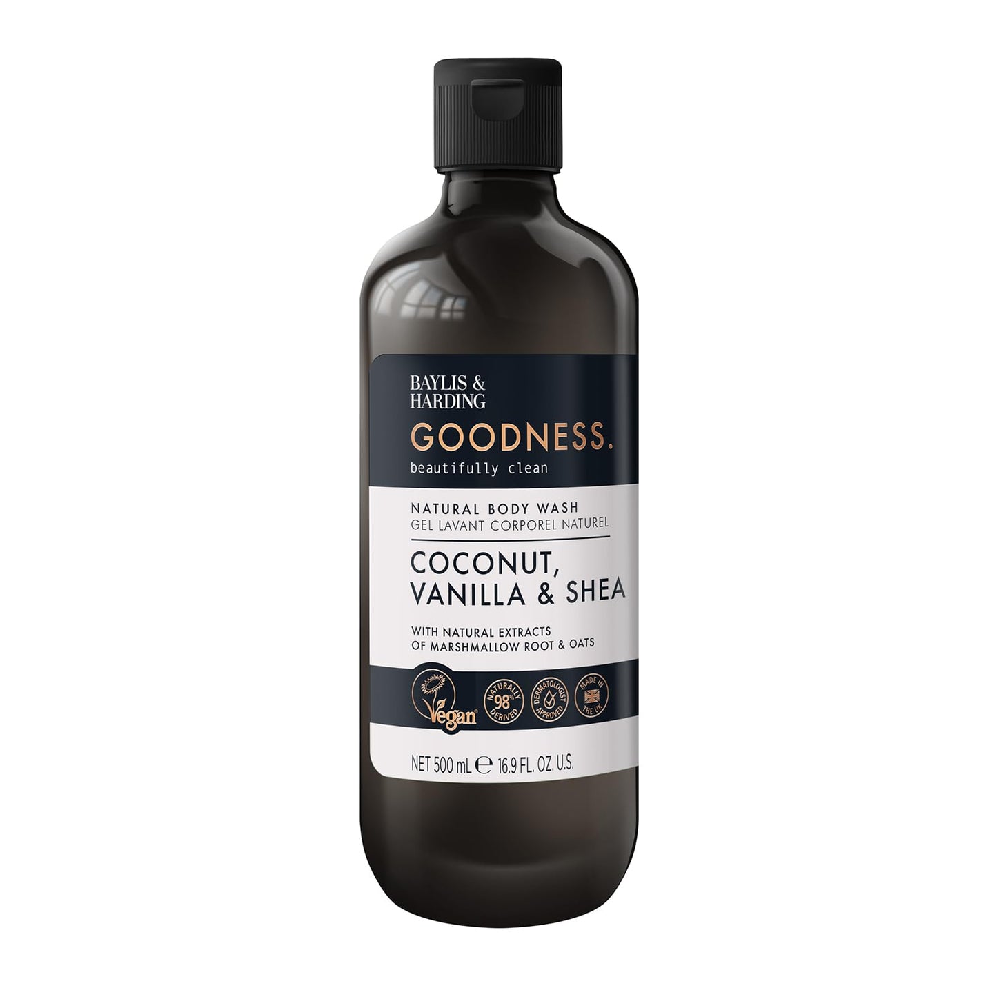Baylis & Harding Goodness Coconut, Vanilla & Shea Natural Body Wash 16.9Fl.oz, Pack of 3 - Biodegradable Formula