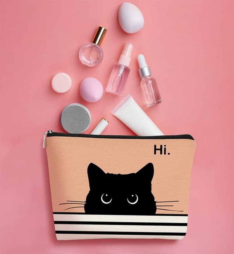 BARPERY Cat Makeup Bag, Cute Makeup Bag, Cat Gifts for Cat Lovers Women, Black Cat Gifts, Hi Black Cat Kitty Cosmetic Bag, Cat Makeup Pouch, Cat Stuff for Cat Lovers (Peach-1)