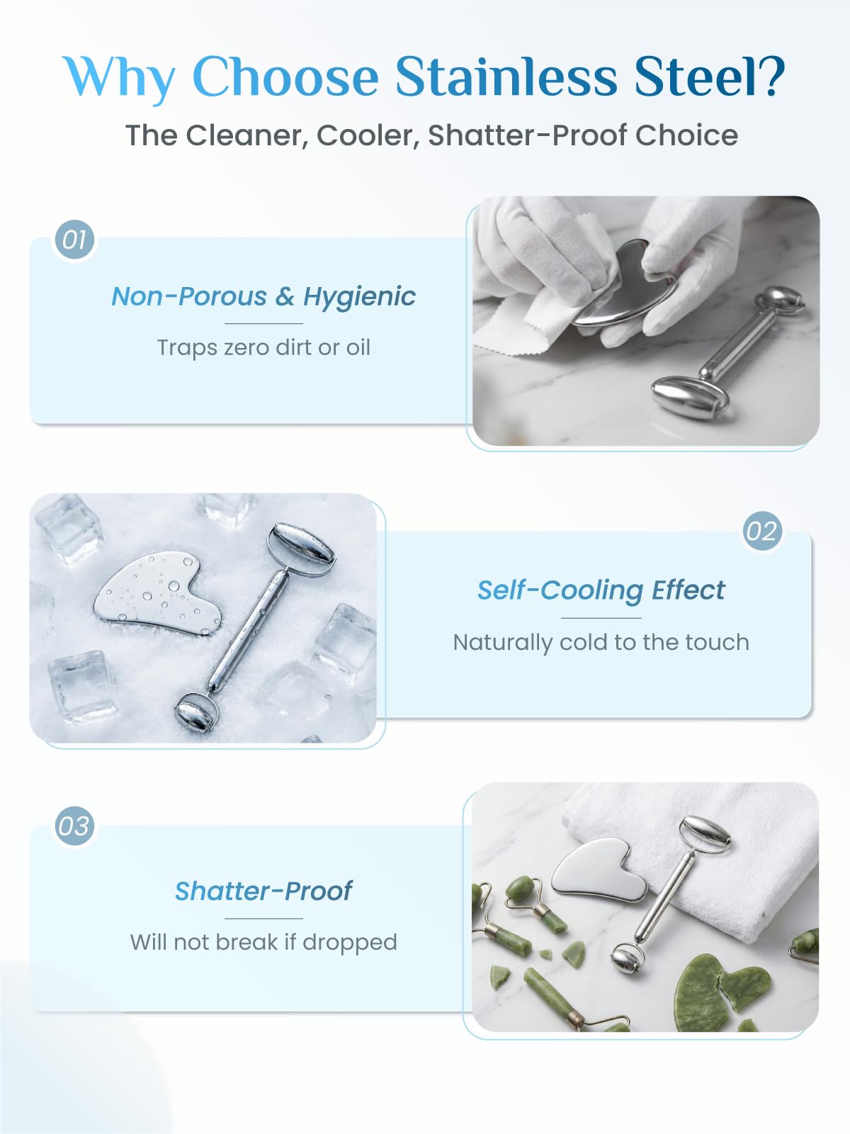 Rena Chris Gua Sha and Face Roller Set: Anti-Breakage Stainless Steel Roller for Long-Lasting Use, Jawline Sculpting and Puffiness Reducing, Gua Sha Facial Tools for Self Care Gift (Silver)