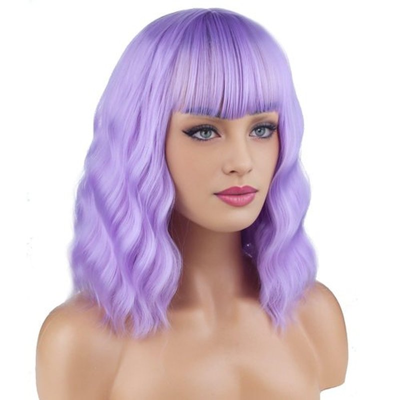 BERON 14 Inches Purple Wig for Women Short Curly Wig Purple Wig with Bangs Light Purple Wigs for Women Lavender Wig Colorful Wigs with Wig Cap