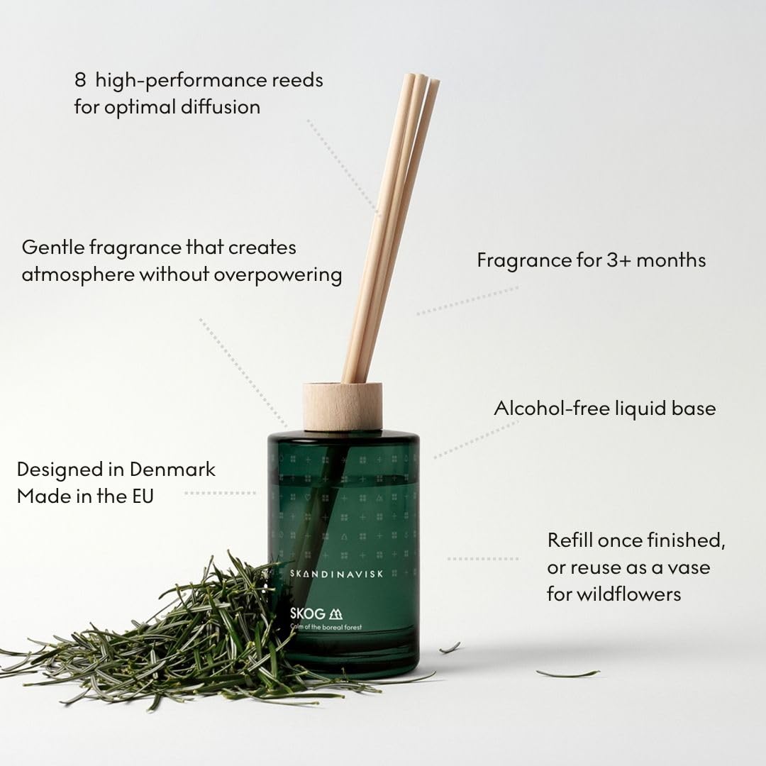 Skandinavisk Skog 'Forest' Scent Diffuser with 8 Reeds. Lasts +3 Months. Fragrance Notes: Pine Needles and Fir Cones, Birch Sap and Lily of The Valley. 6.75 fl. oz.