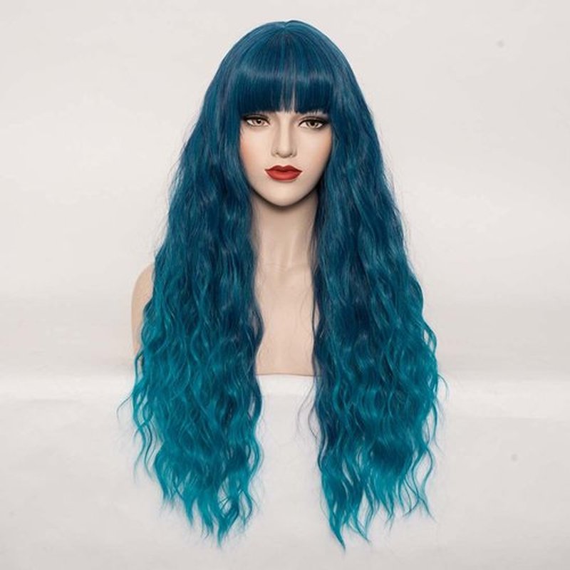 WGPFWIG Women's Blue Ombre Wig 27''Long Curly Wavy Wig Shoulder Length Flat Bangs Wig For Women Girl Cosplay Party Halloween Wig Cap Included (27''Blue Ombre)
