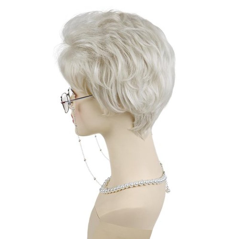 GNIMEGIL Platinum Blonde Short Old Lady Wig Set Synthetic Hair Grandma Wig for 100 Days of School Halloween Costume Granny Mommy Outfits White Women Curly Wig with Glasses, Necklace for Older Women