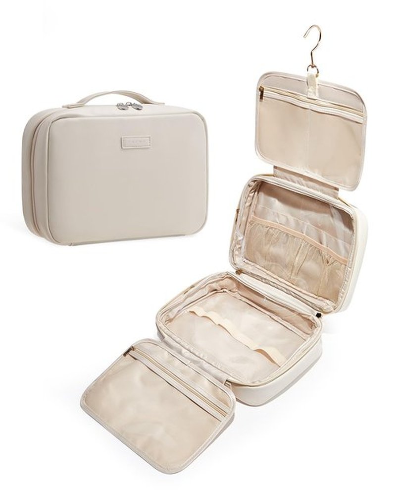 EACHY Toiletry Bag with Hanging Hook, Travel Makeup Bag PU Leather Cosmetic Bags for Women Make Up Organizer with 4 Compartments Waterproof Full-Size Portable Travel Essentials (Berige)