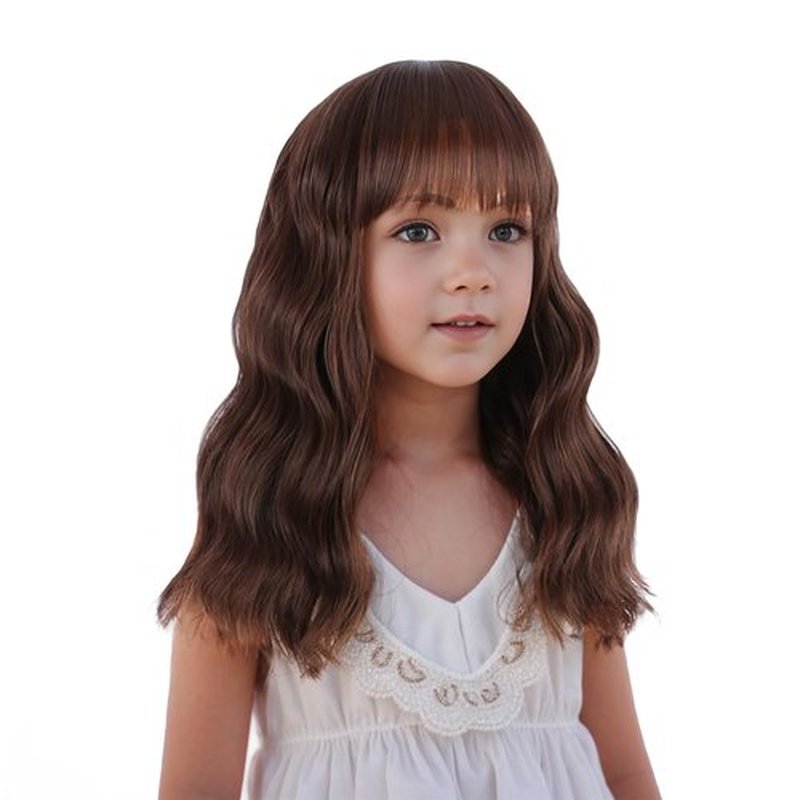 Edivd Mixed Brown Wig for Child Short Chocolate Brown Wig with Air Bangs for Girls Short Brown Wavy Curly Wig for Kids Heat Resistant Synthetic Wig with Wig Cap