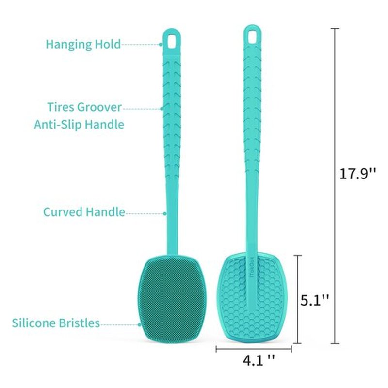 iTokGoK® All New Premium Silicone Back Scrubber with Tire Anti-Slip Long Handle for Shower, Gentle Exfoliating and Massage Brush Scrubber for Sensitive Skin for Men and Women (Mint Green)