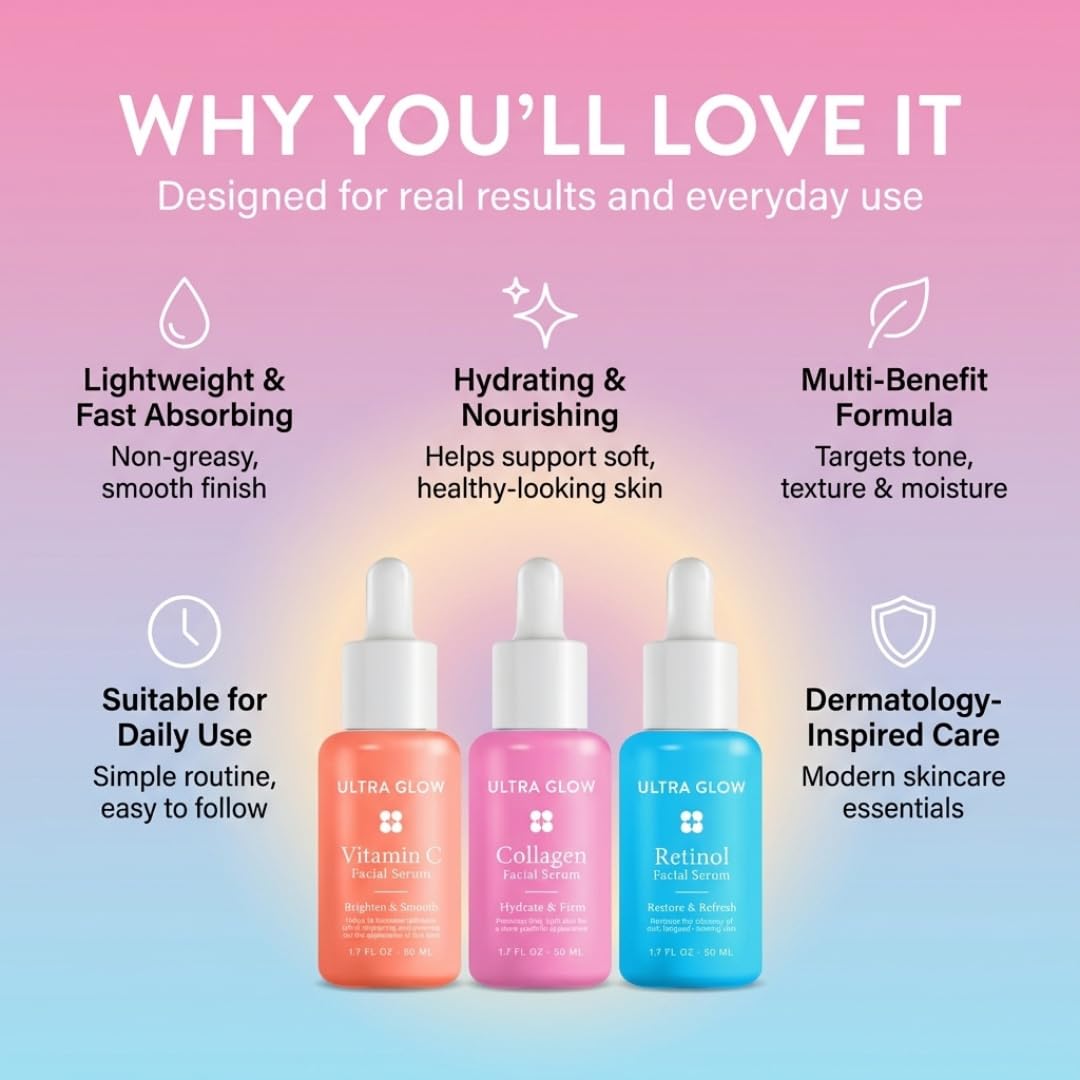 My Beauty Spot 3 Pack Facial Serums – Vitamin C Serum, Collagen & Retinol Serum for Face, Brightening & Anti Aging Face Serum for Women, Dark Spot Corrector, Hydrating Skin Care Set