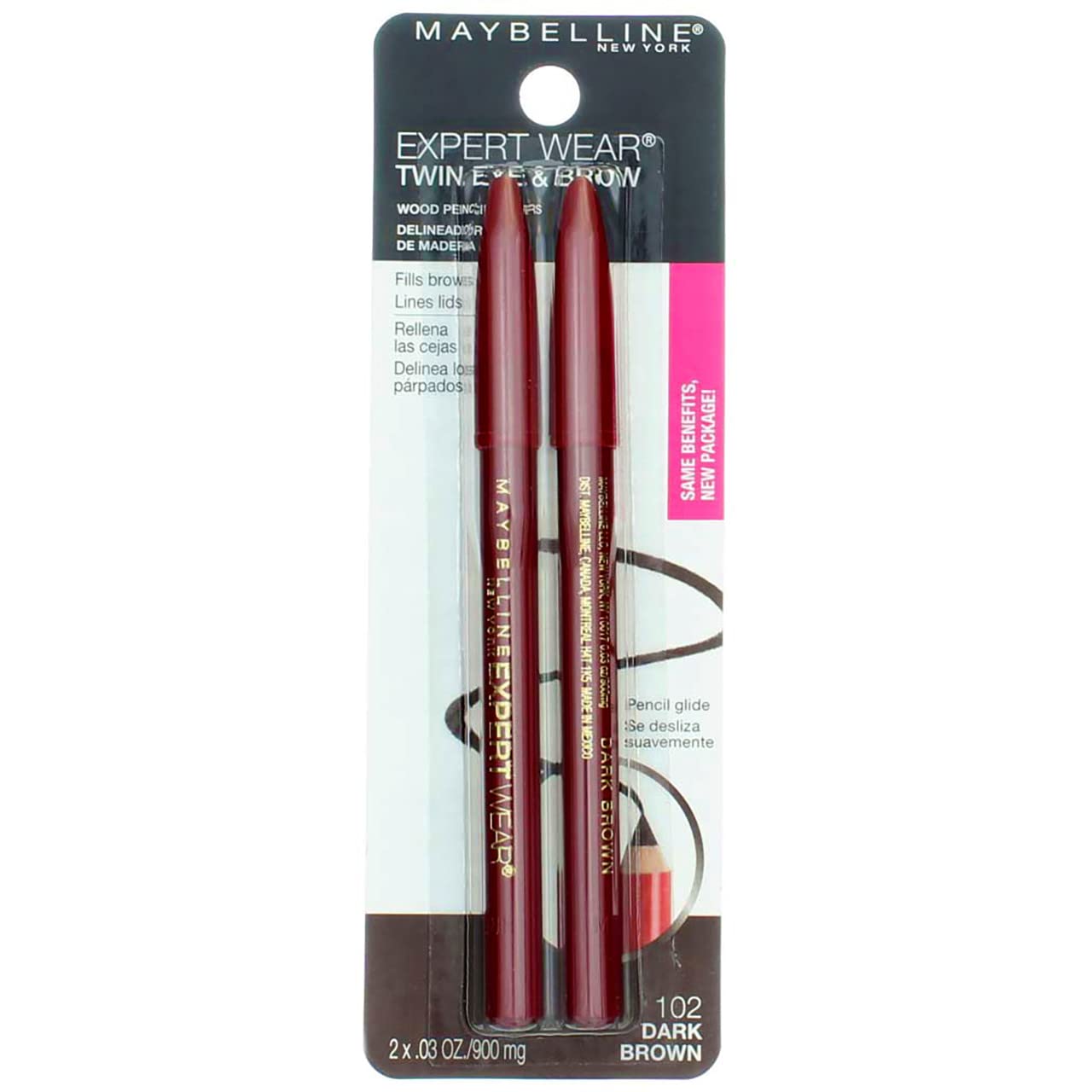 Maybelline Expert Eyes Twin Brow & Eye Pencil, Dark Brown [102], 0.06 oz (Pack of 6)