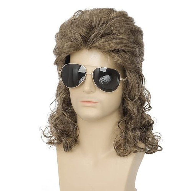 Dai Cloud Mens Mullet Wig Long Curly Brown 80s Wigs Heat Resistant Halloween Costumes Party Hair Wigs for Male Guys (Light Brown)