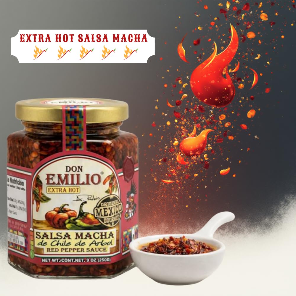 DON EMILIO Salsa Macha Extra Hot Sauce | Authentic Mexican Chili Crisp with Hot Chili, Red Pepper& | Crunchy Chili Oil | Spicy Gourmet Sauce | Vegan, Keto & Non-GMO | 9 oz (1 unit)