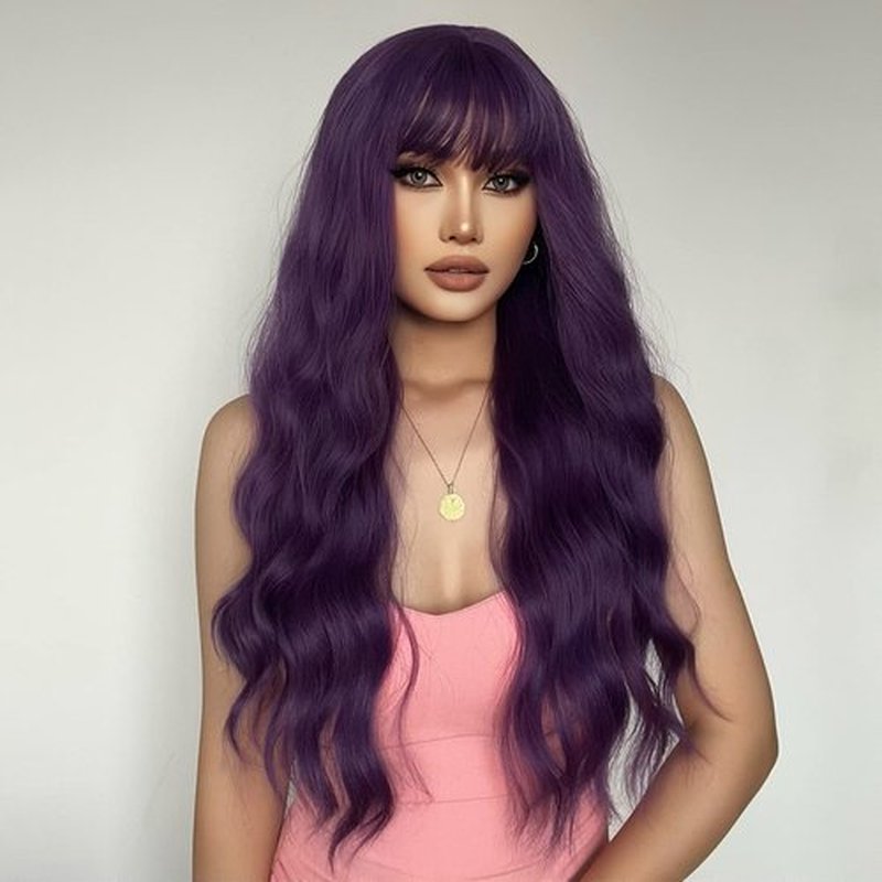 BERON Purple Long Wigs Women's Wavy Wigs with Bangs Dark Purple Curly Synthetic Wigs for Cosplay Party Wigs Wig Cap Included