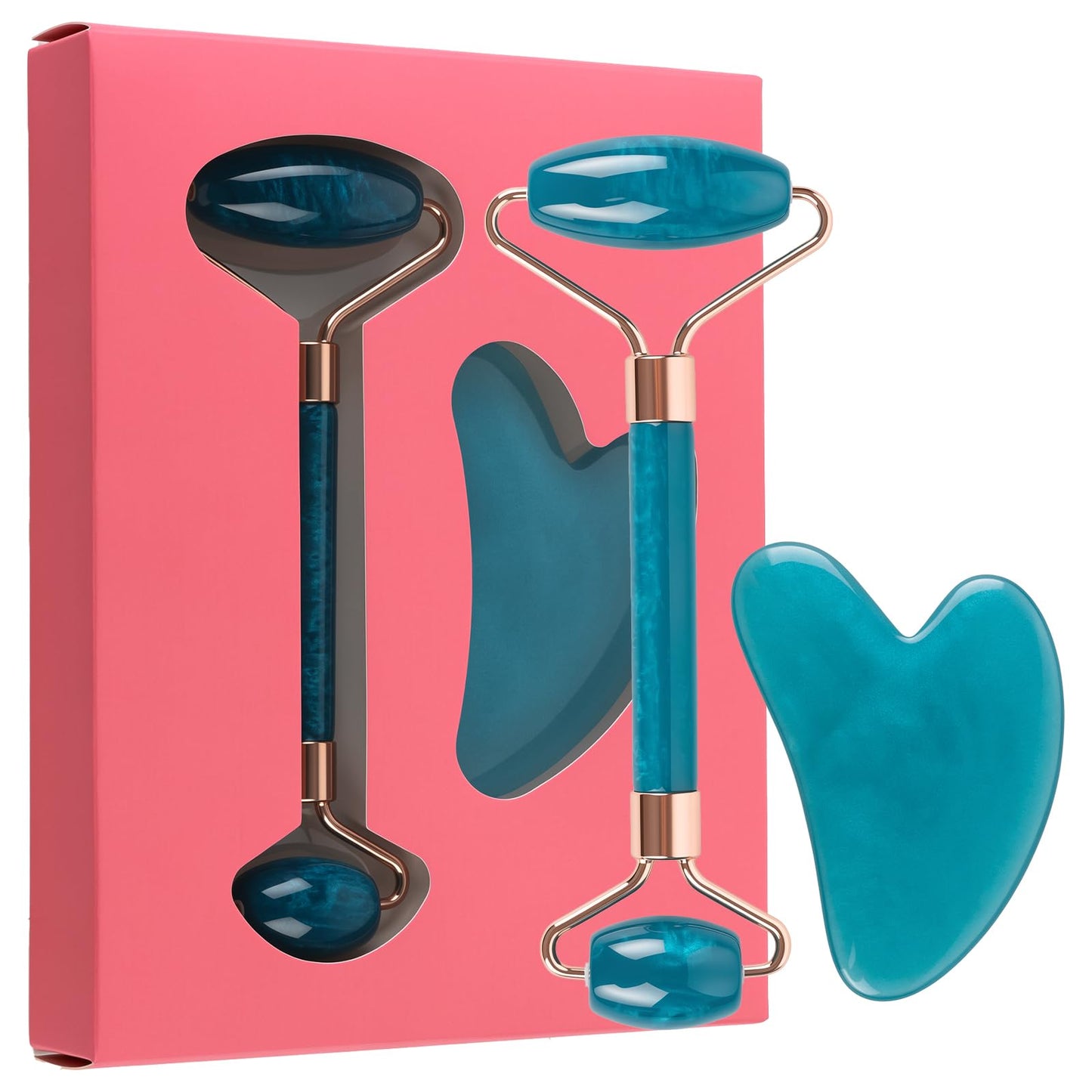 Dark-Blue Resin Facial Roller & Gua Sha Set – 2-in-1 Beauty Tool for Skin Lifting, De-Puffing & Anti-Aging, Double-Ended Face Roller with Heart-Shaped Gua Sha for Face, Neck & Body Skincare