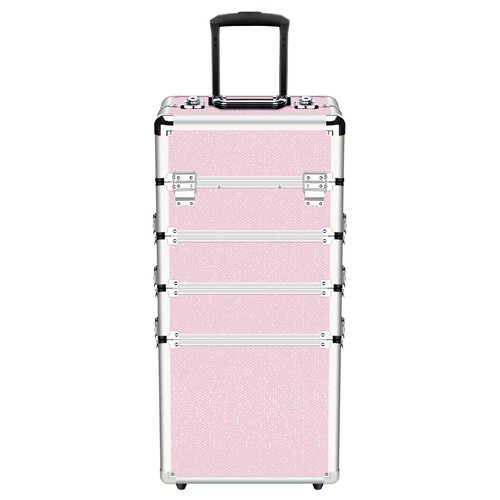 OUDMAY Makeup Case - 4 in 1 Professional Cosmetics Rolling Train Organizer with Aluminum Frame and Folding Trays Pink Diamonds