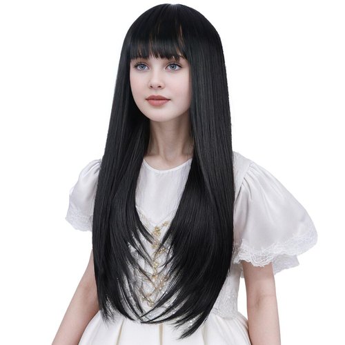 Ufindcos Black Wig with Bangs for Kids Long Black Wig Long Straight Child Wig Natural Black Wig for Girls 22 inches Synthetic Wig with Wig Cap