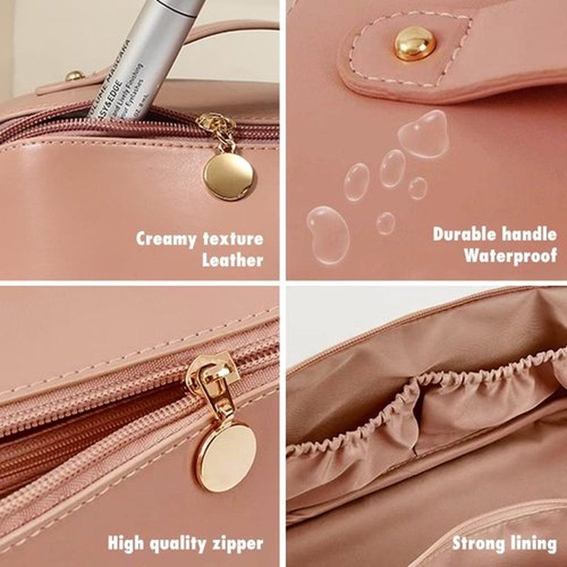 MINGRI Large Capacity Travel Cosmetic Bag for Women,Portable PU Leather Makeup Bag Water Resistant,Flat Open Multifunctional Storage Travel Toiletry Bag with Divider and Handle (Soft pink)