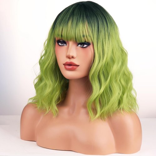 WTHCOS Green Ombre Wig Short Bob Wig Short Curly Wavy Hair Wig With Bangs Ombre Green Wig for Women Heat Resistant Synthetic Hair Wigs for Daily Use Cosplay Wig With Wig Cap