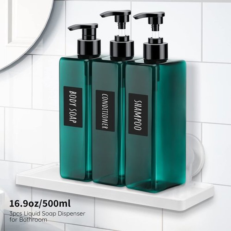 Segbeauty Shampoo Conditioner Bottles, 3pcs 16.9oz 500ml Pump Press Dispenser with Labels, Empty Plastic Refillable Reusable Lotion Body Soap Liquid Soap Gel Bathroom Shower Containers Light Sea Green