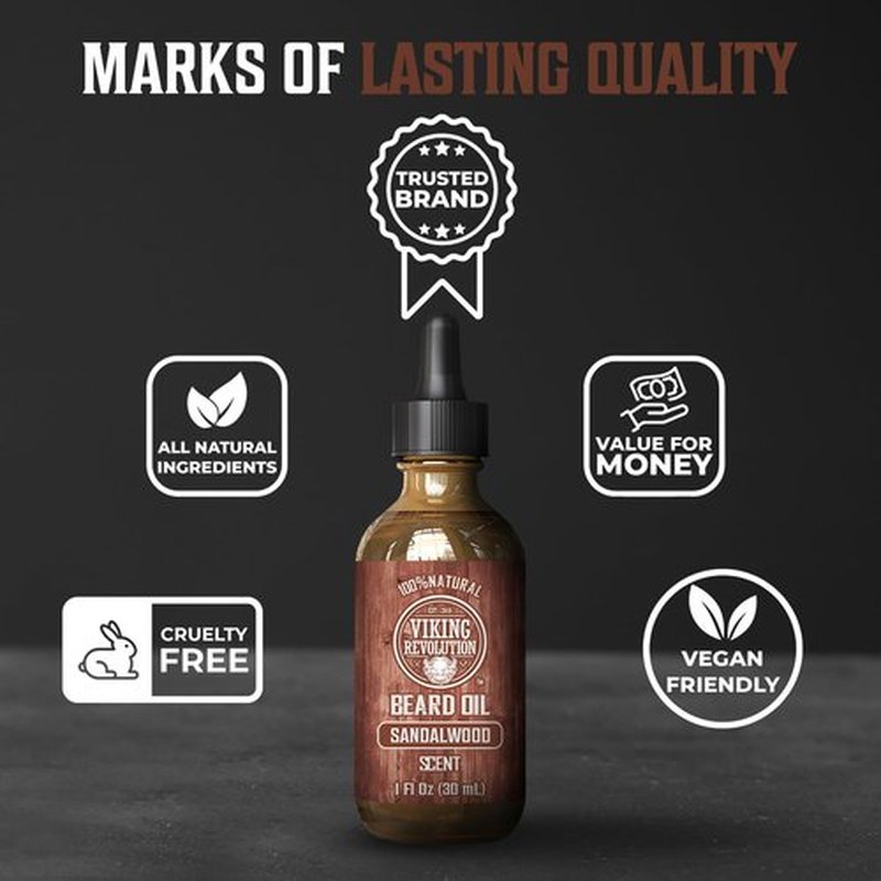 Viking Revolution Sandalwood Beard Oil for Men - Natural Mens Beard Oil with Argan Oil and Jojoba Oil - Beard Softener, Strengthens and Moisturizes - Beard Conditioner for Men (Sandalwood, 1 Pack)