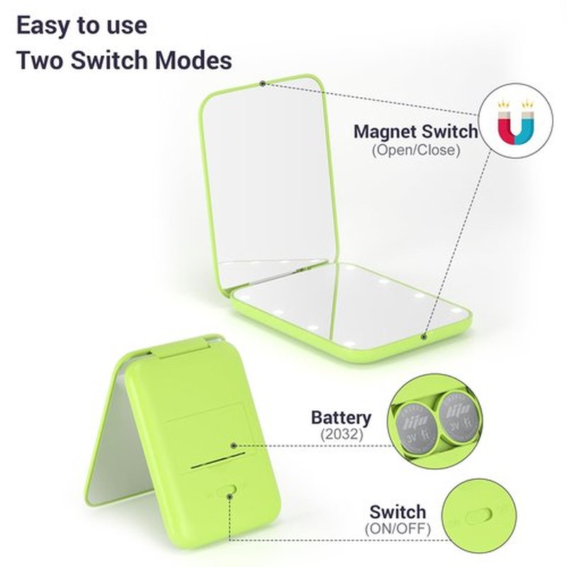 Kintion Pocket Mirror, 1X/3X Magnification LED Compact Travel Makeup Mirror with Light for Purse, 2-Sided, Portable, Folding, Handheld, Small Lighted Mirror for Gift, Light Green