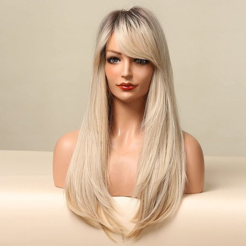 BERON Blonde Ombre Wigs with Bangs Straight Long Hair Wigs Women's Platinum Blonde Heat Resistant Synthetic Natural Looking Wig for Daily Use