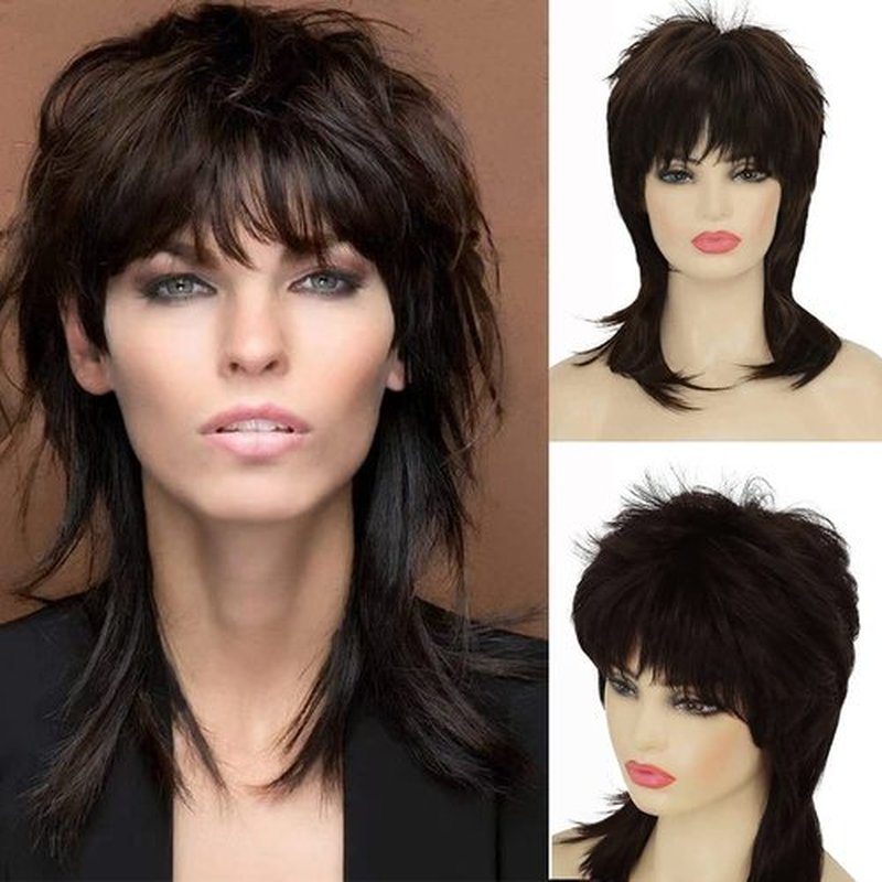 Amnenl Brown Mullet Wig for Women Short Shaggy Layered 70s 80s Rocker Curly Hair Wig for Cosplay Halloween Party Daily Use