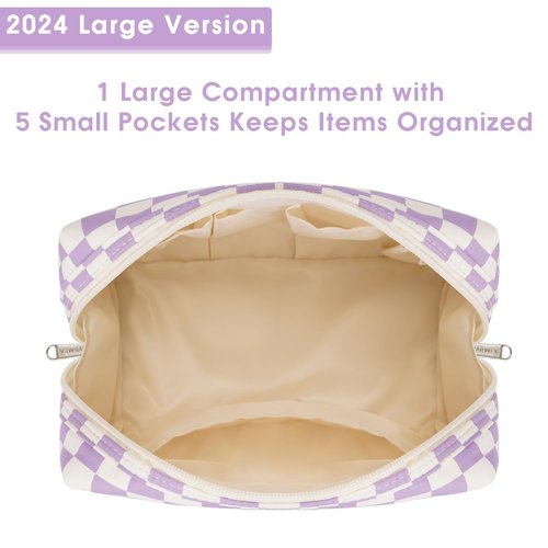 Narwey Large Checkered Makeup Bag Zipper Pouch Travel Cosmetic Bag Organizer for Women (Large, Purple Checkerboard)