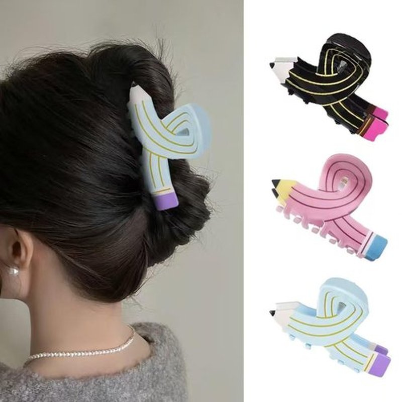 YUEELI Hair Clips for Women and Girls, 3 Pieces Pencil Hair Claw Clips Back To School Hair Clips Funny Hair Jaw Barrettes for Women Thin Thick Curly Hair (Black Pink Blue)